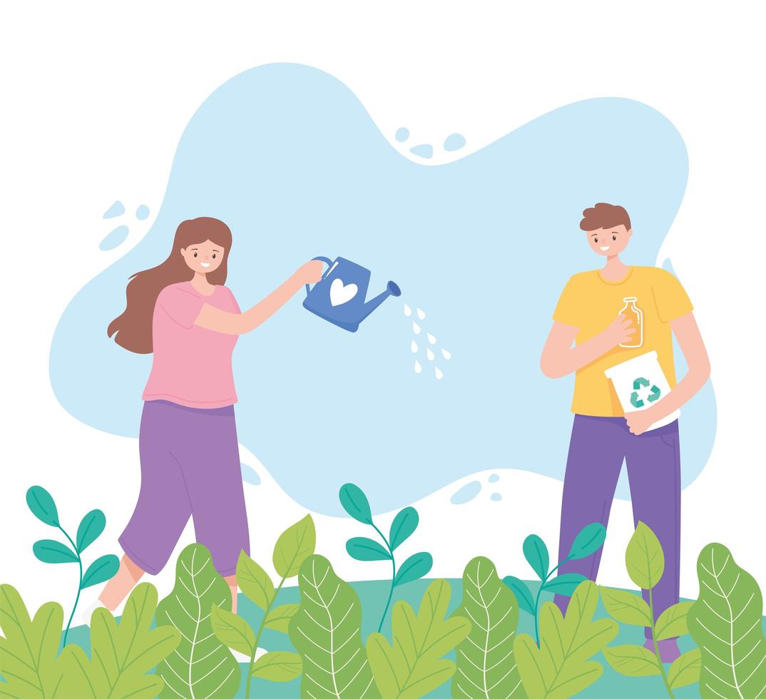 Girl with watering can and boy with recycle products vector