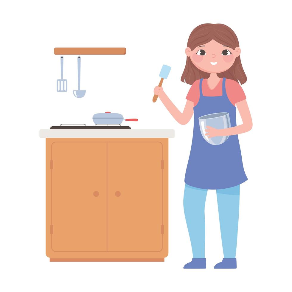 mujer, en la cocina, con, cacerola, en, estufa vector