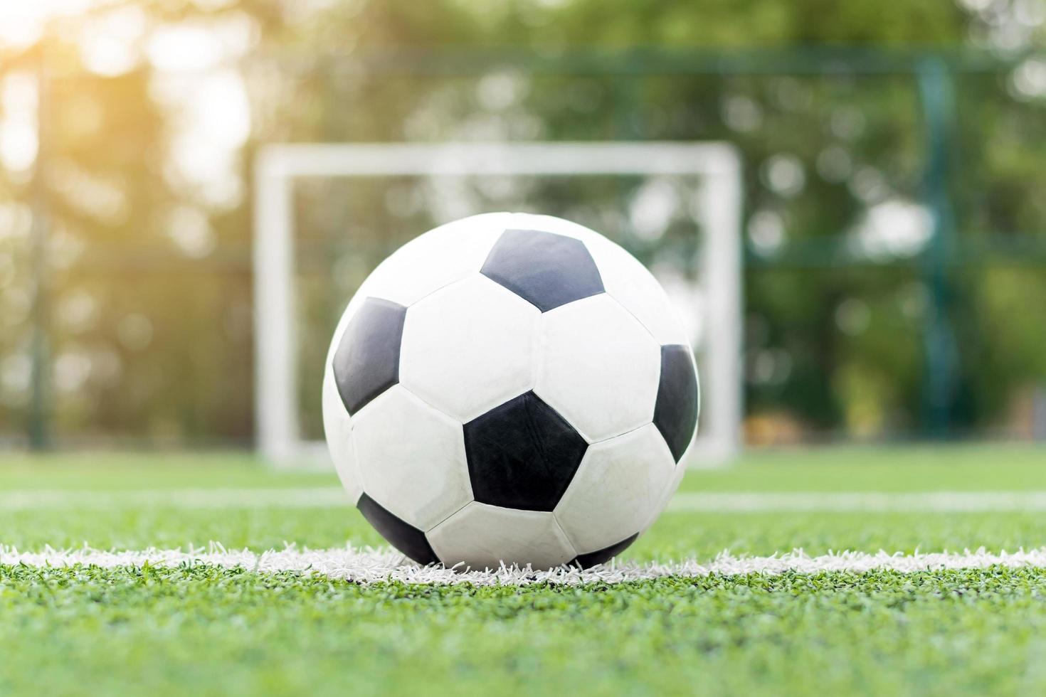 Soccer ball in the center of a playing field photo