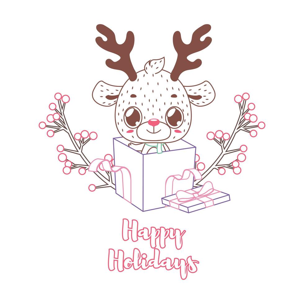 felices fiestas saludando en estilo lineart con lindo reno vector