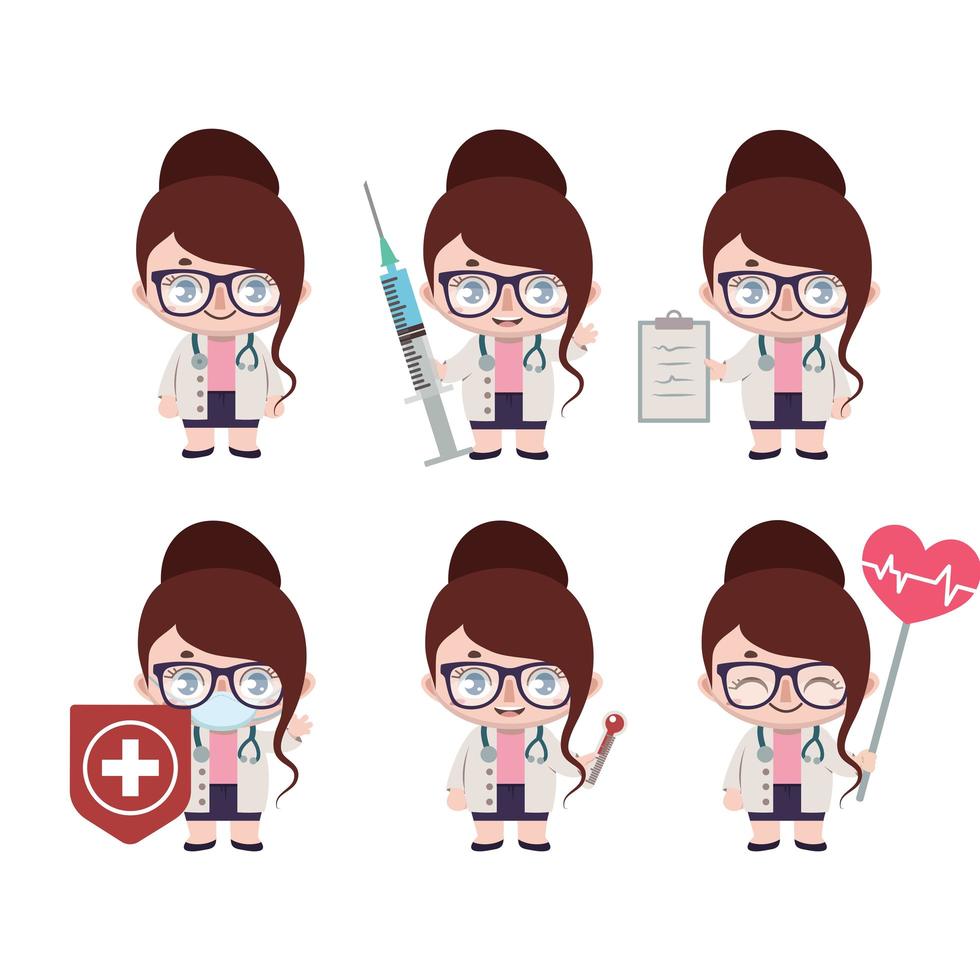 Caucasian female doctor mascot in various poses vector