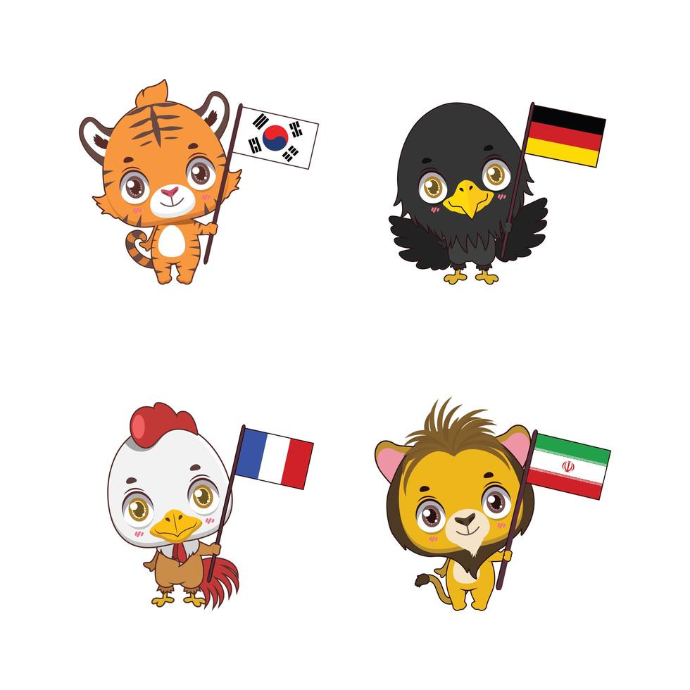 Cute national animals with their country flags vector