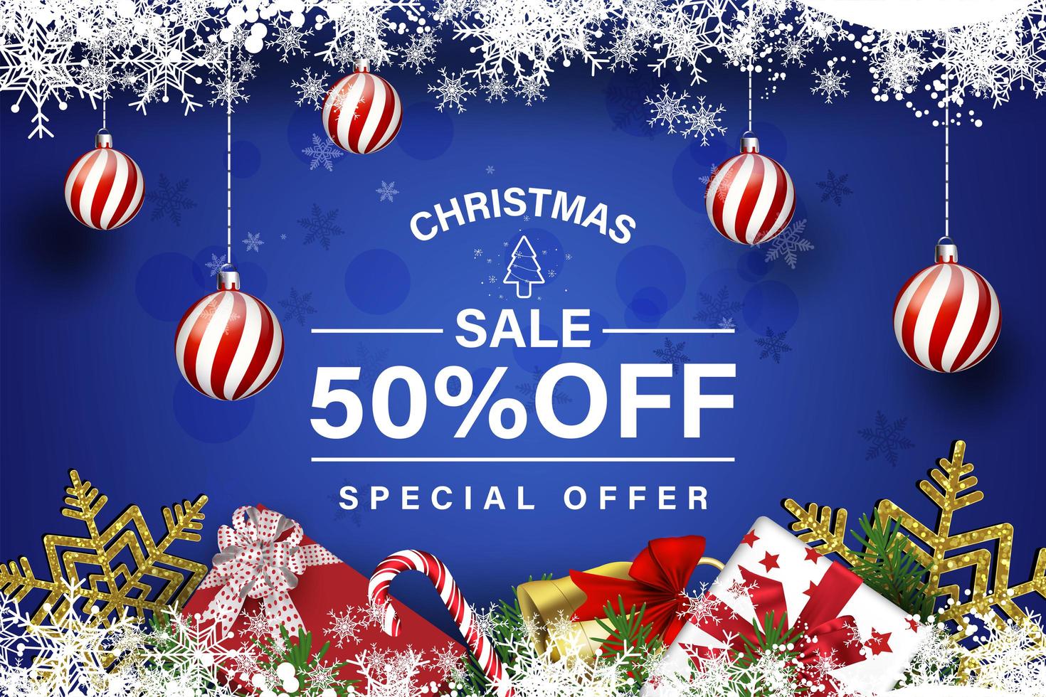 Christmas sale composition with snowflakes and hanging ornaments vector