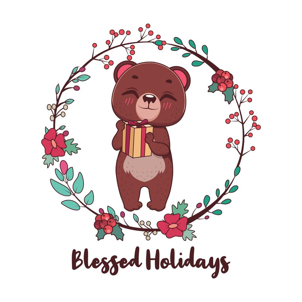 Blessed Holidays greeting with cute bear and wreath vector