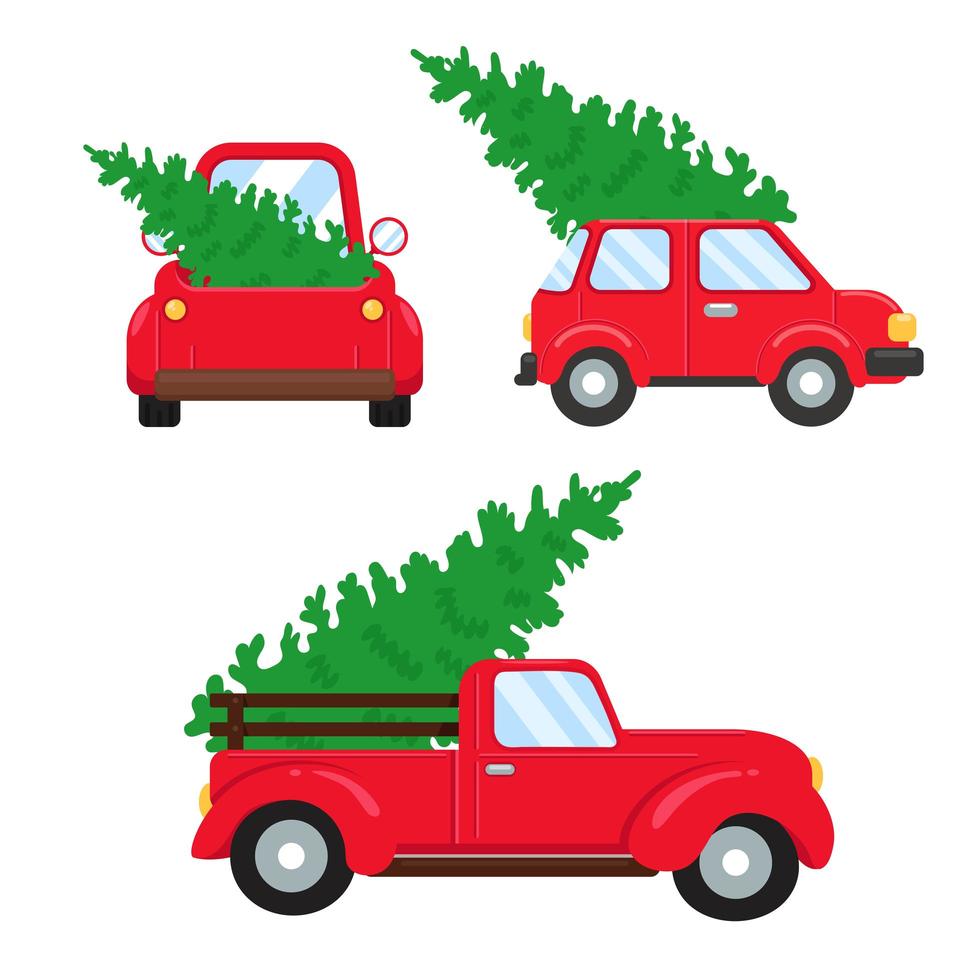 Red pickup trucks carrying Christmas trees vector