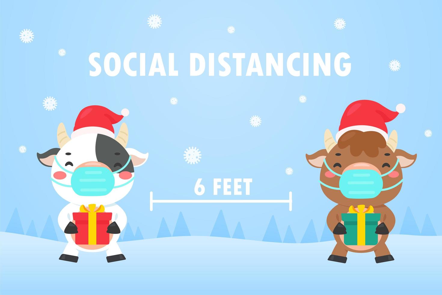 vacas sosteniendo cajas de regalo distanciamiento social en escena de invierno vector