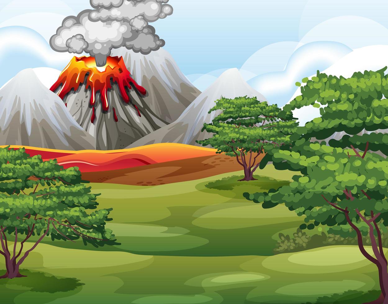 Volcano eruption in nature forest scene at daytime vector