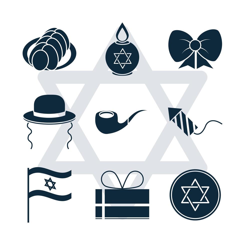 Hanukkah, conjunto de iconos de silueta de ceremonia tradicional judía vector