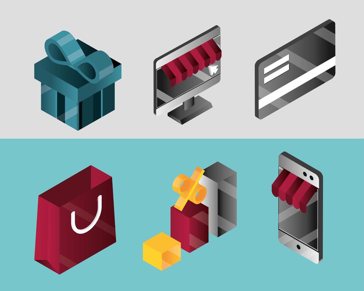 Online shopping and e-commerce isometric icon set vector