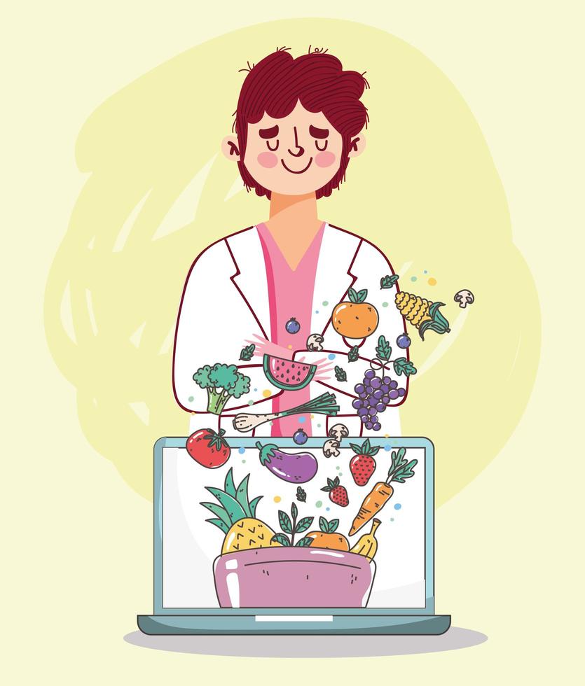 Dietitian doctor with laptop and fresh, healthy food vector