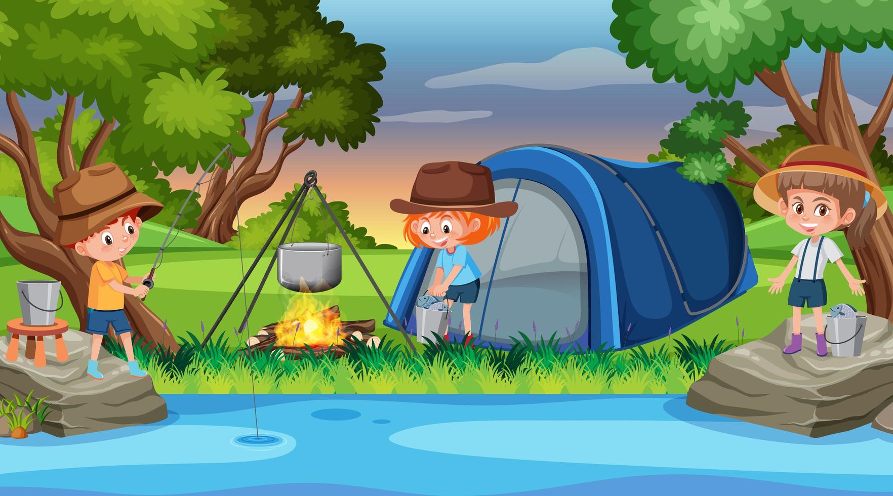 Kids camping by river vector