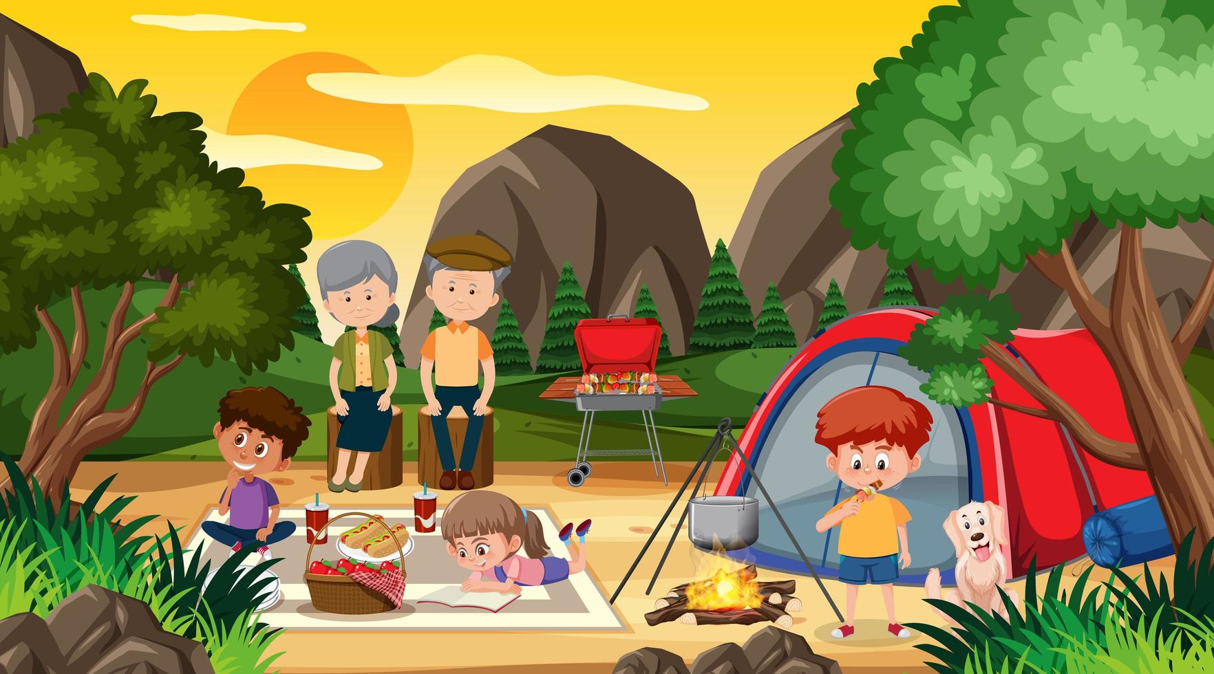 picnic y escena de campamento con familia feliz vector