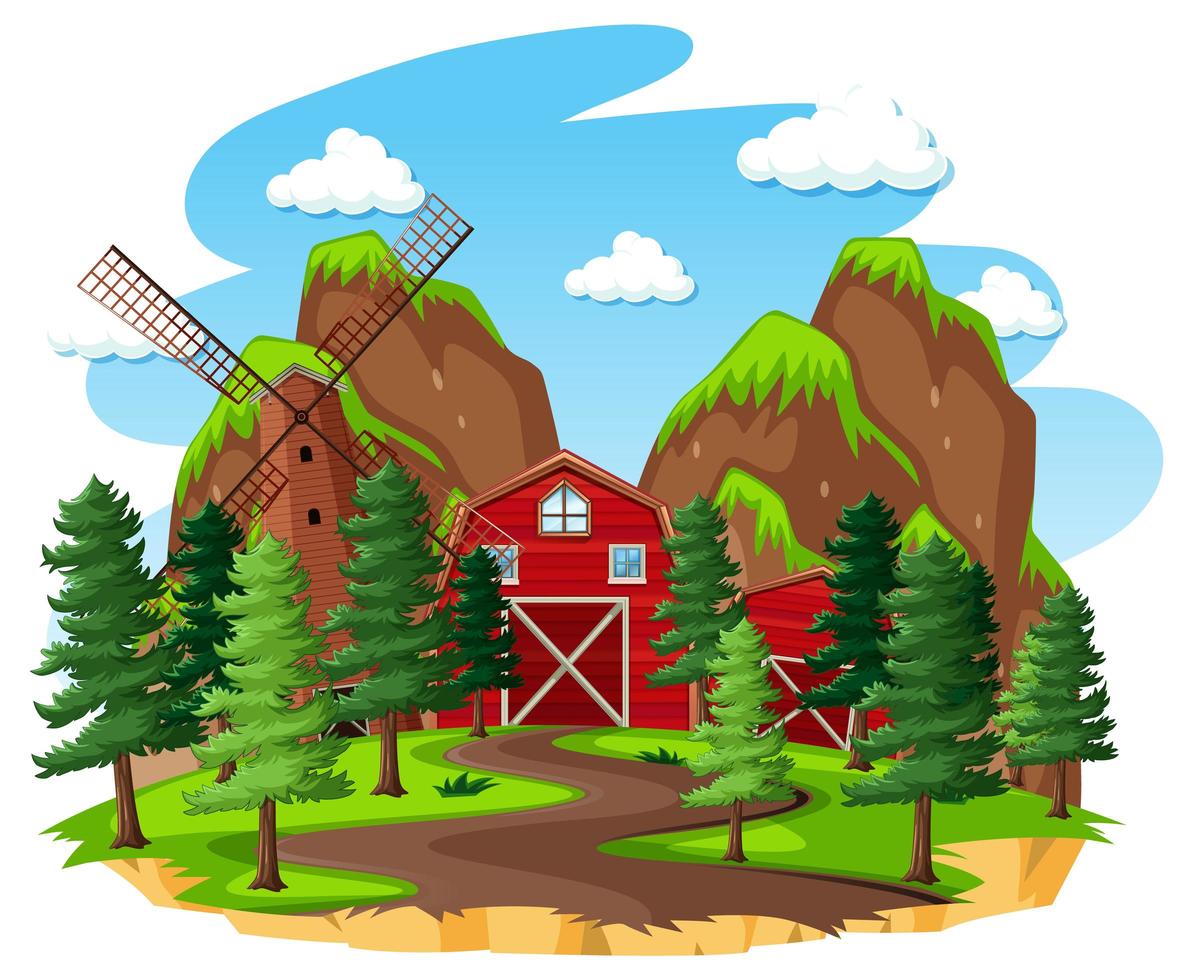 Farm with barn and windmill on white background vector