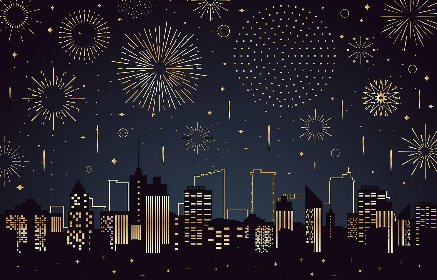 Scenery of Fireworks Above a City Buildings Silhouette vector