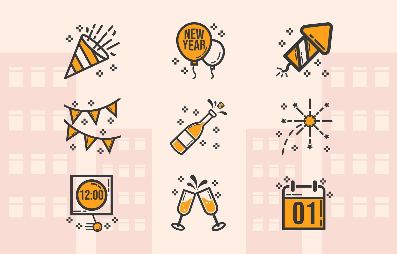 paquete de iconos de celebración de año nuevo simple vector