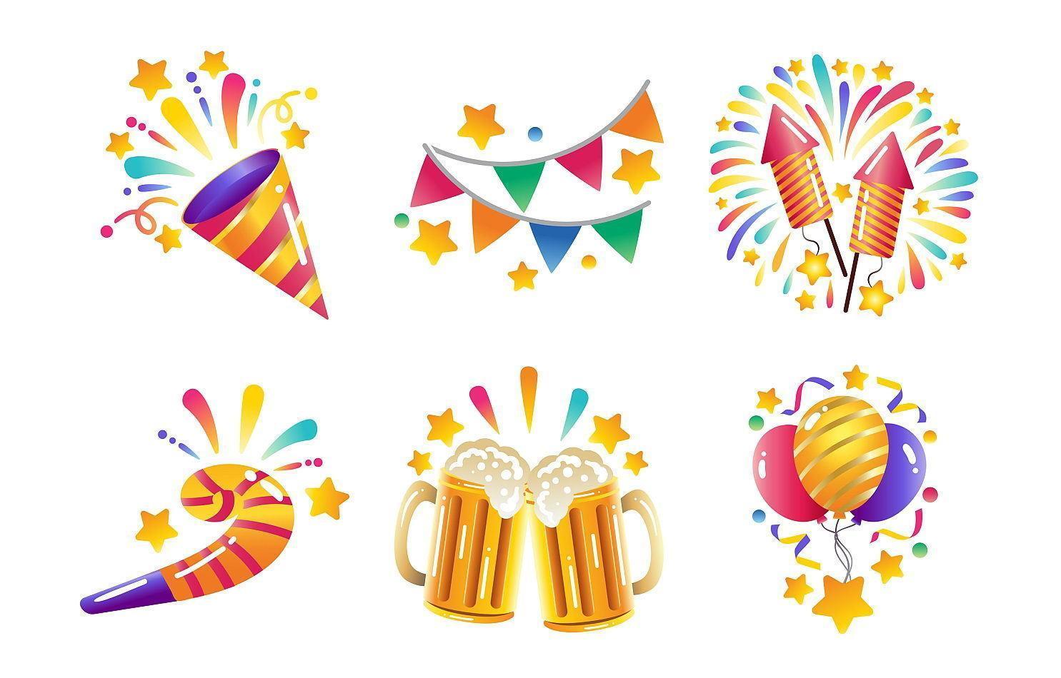 coloridos iconos de fiesta de año nuevo vector