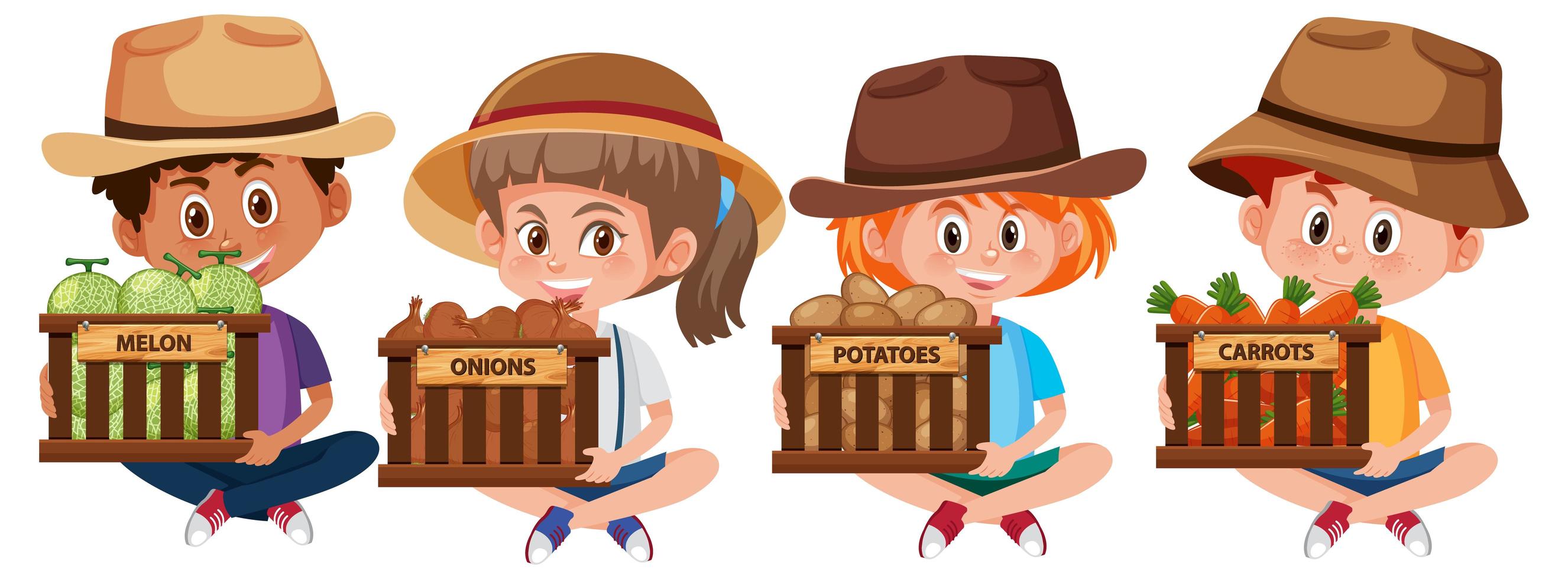 conjunto de diferentes niños sosteniendo cestas de frutas y verduras vector