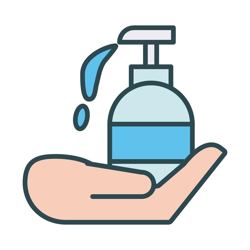 Hand with antibacterial soap bottle fill icon vector