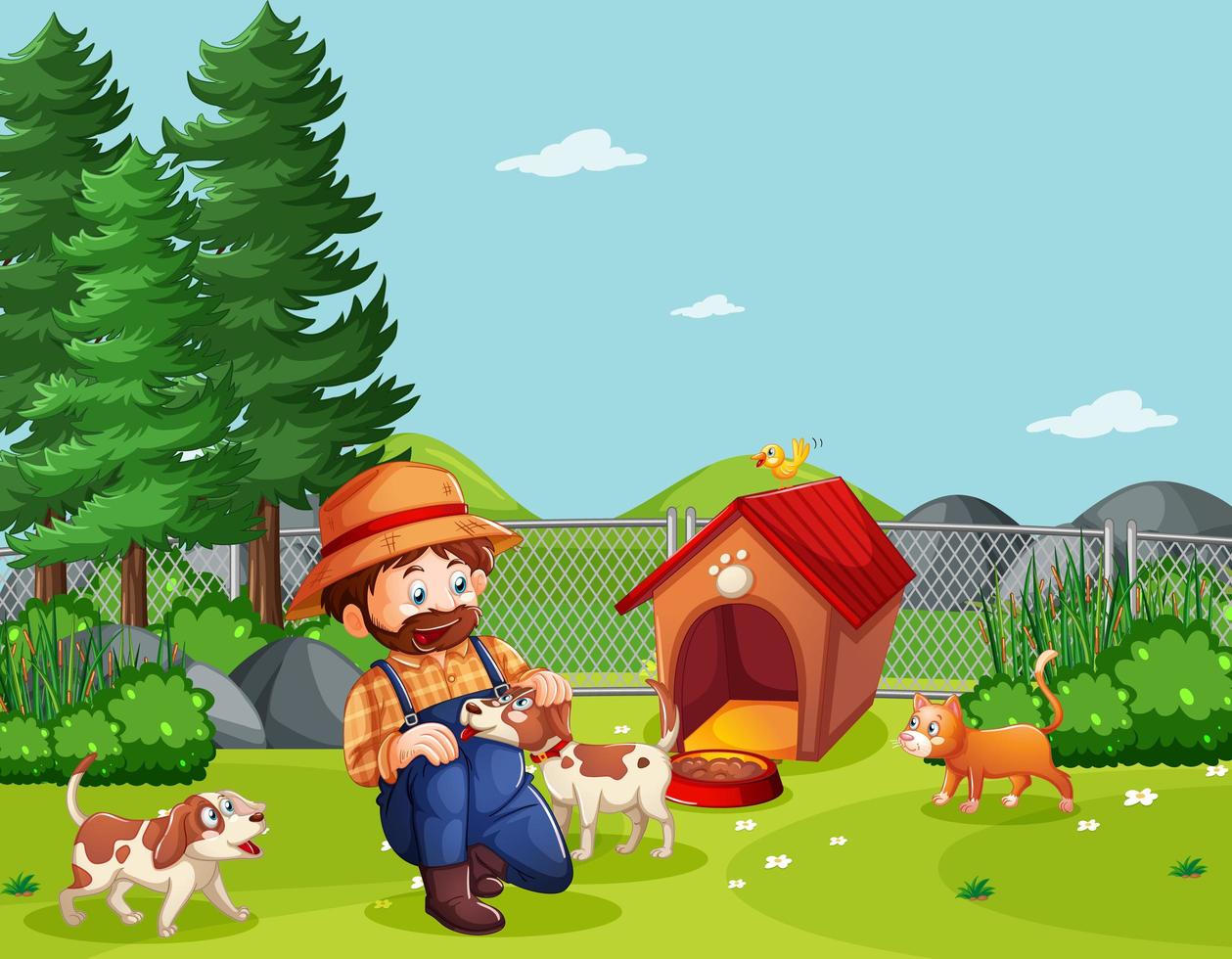 Farmer with dogs in yard vector