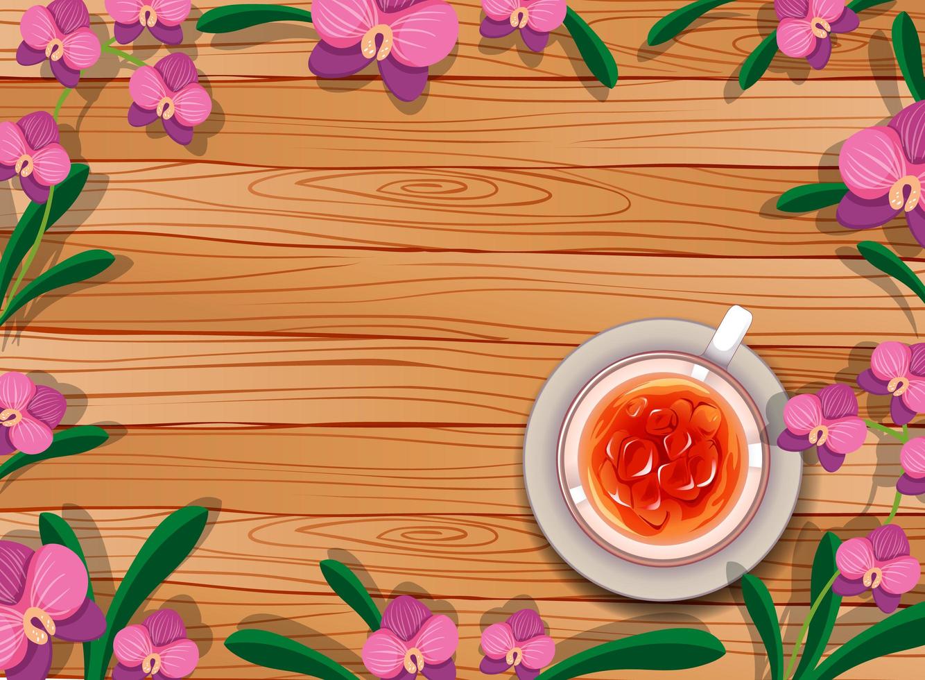 Top view of blank wooden table with tea and flowers vector