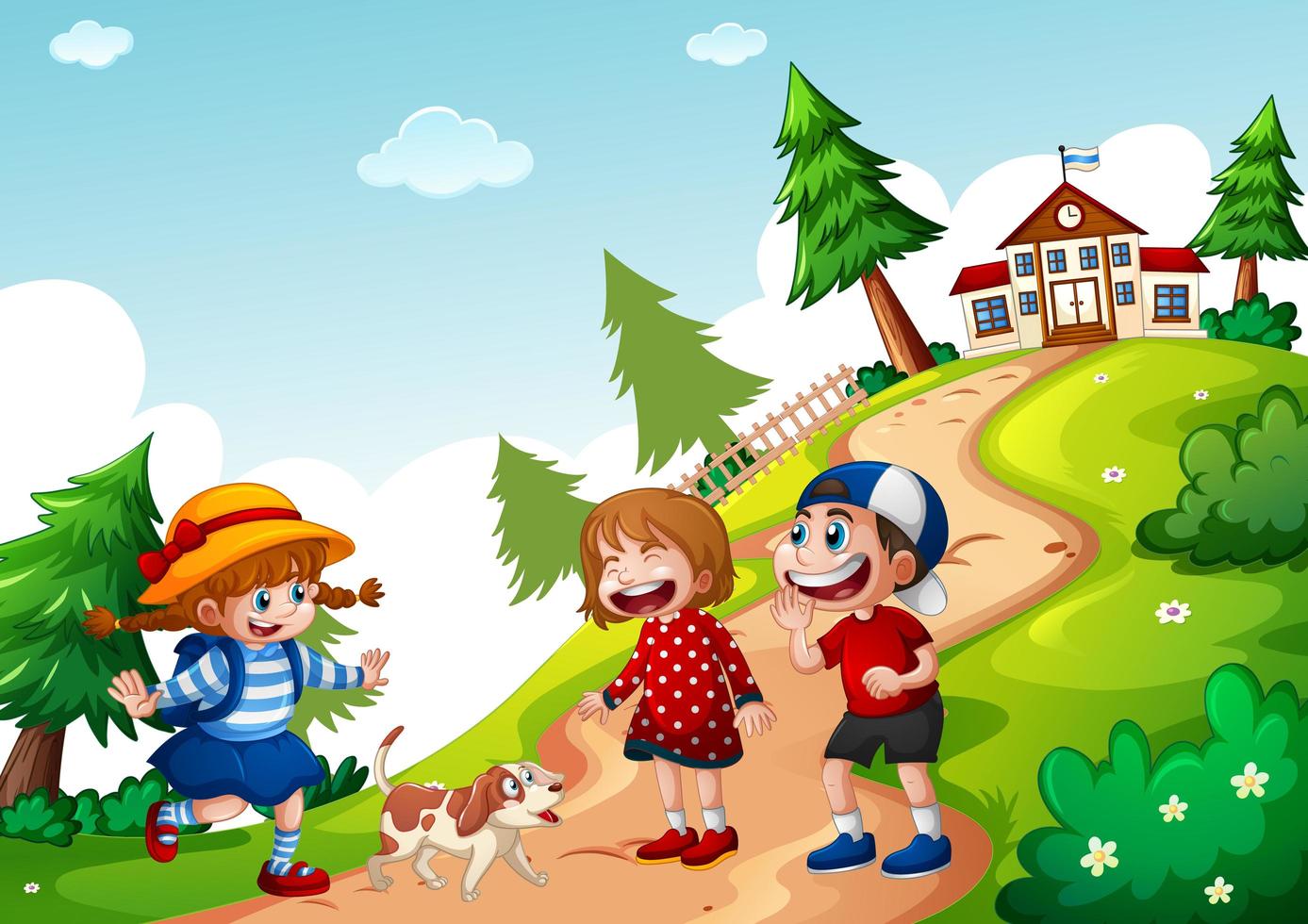 Happy three kids going to school scene vector