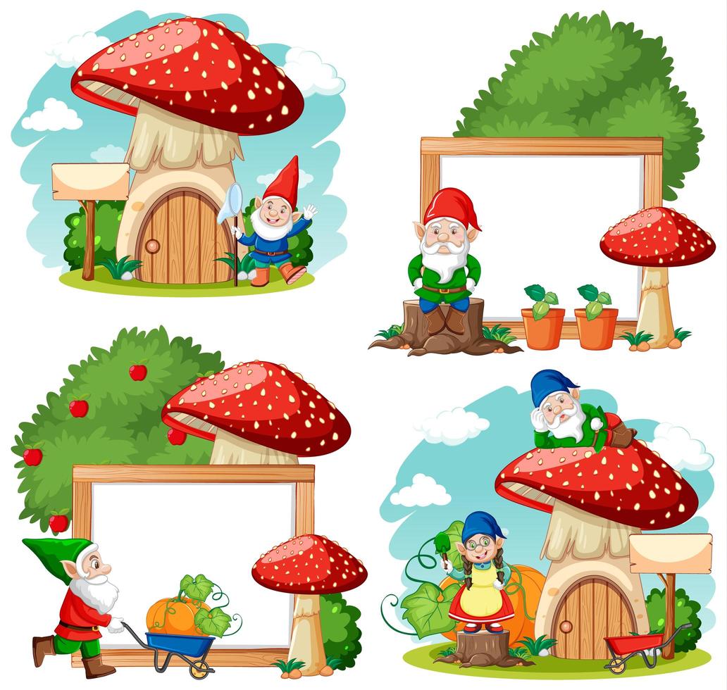 Set of garden gnome cartoon characters and frames vector