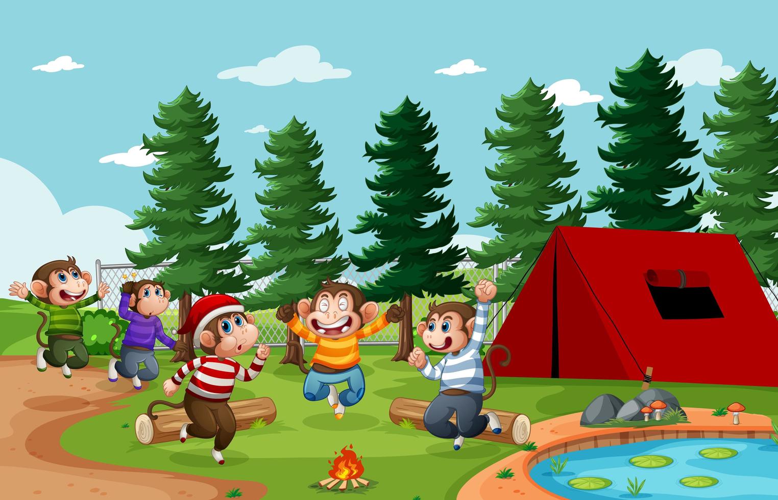 Five little monkeys jumping in park scene vector