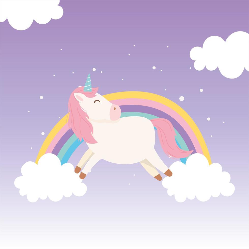 personaje de dibujos animados de unicornio mágico con arco iris vector