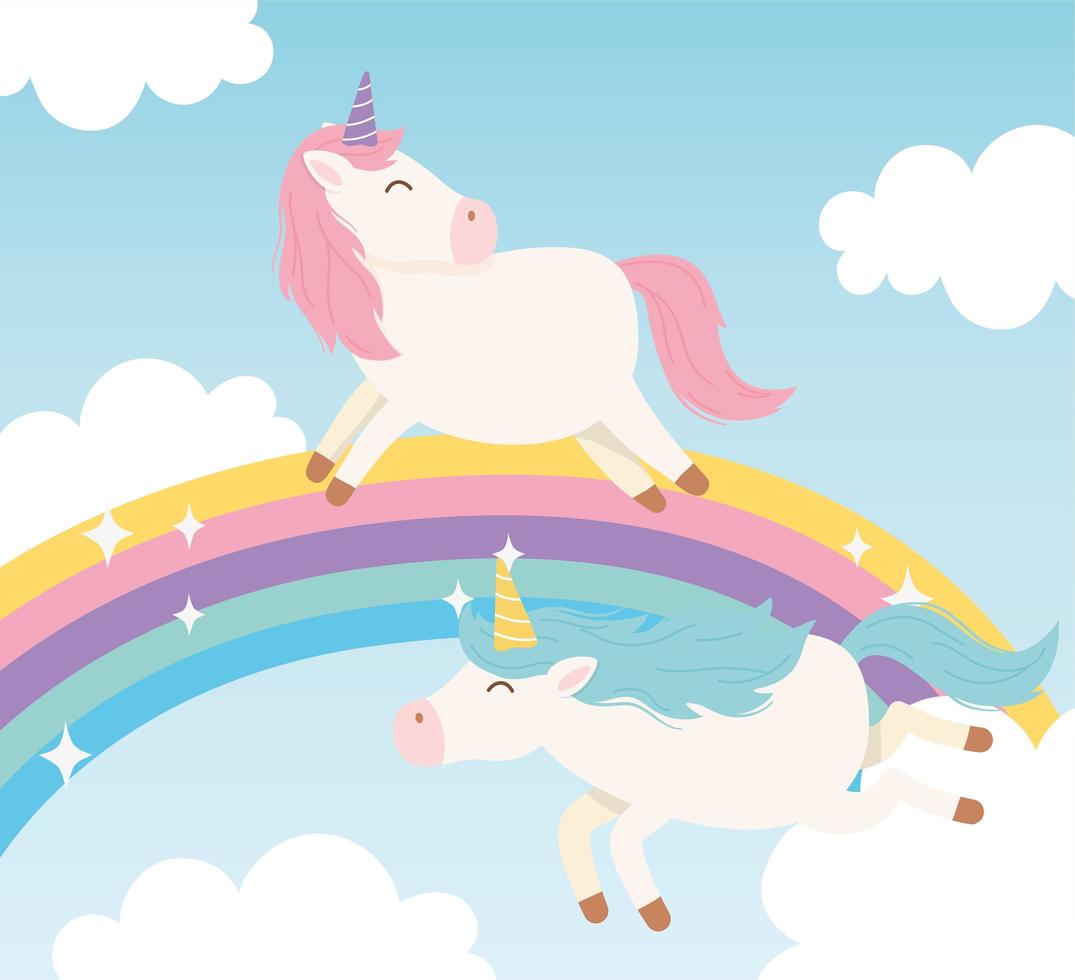 unicornios mágicos personajes de dibujos animados con arco iris vector
