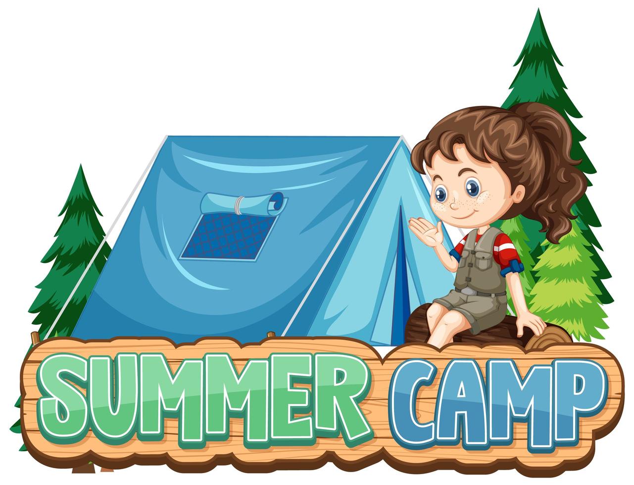 diseño de campamento de verano con niña y carpa. vector