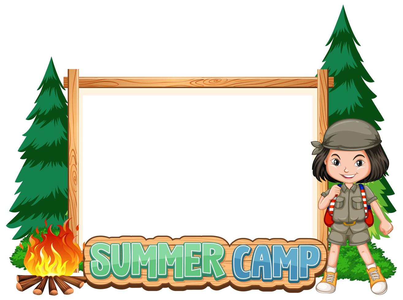 Border template with girl at summer camp vector