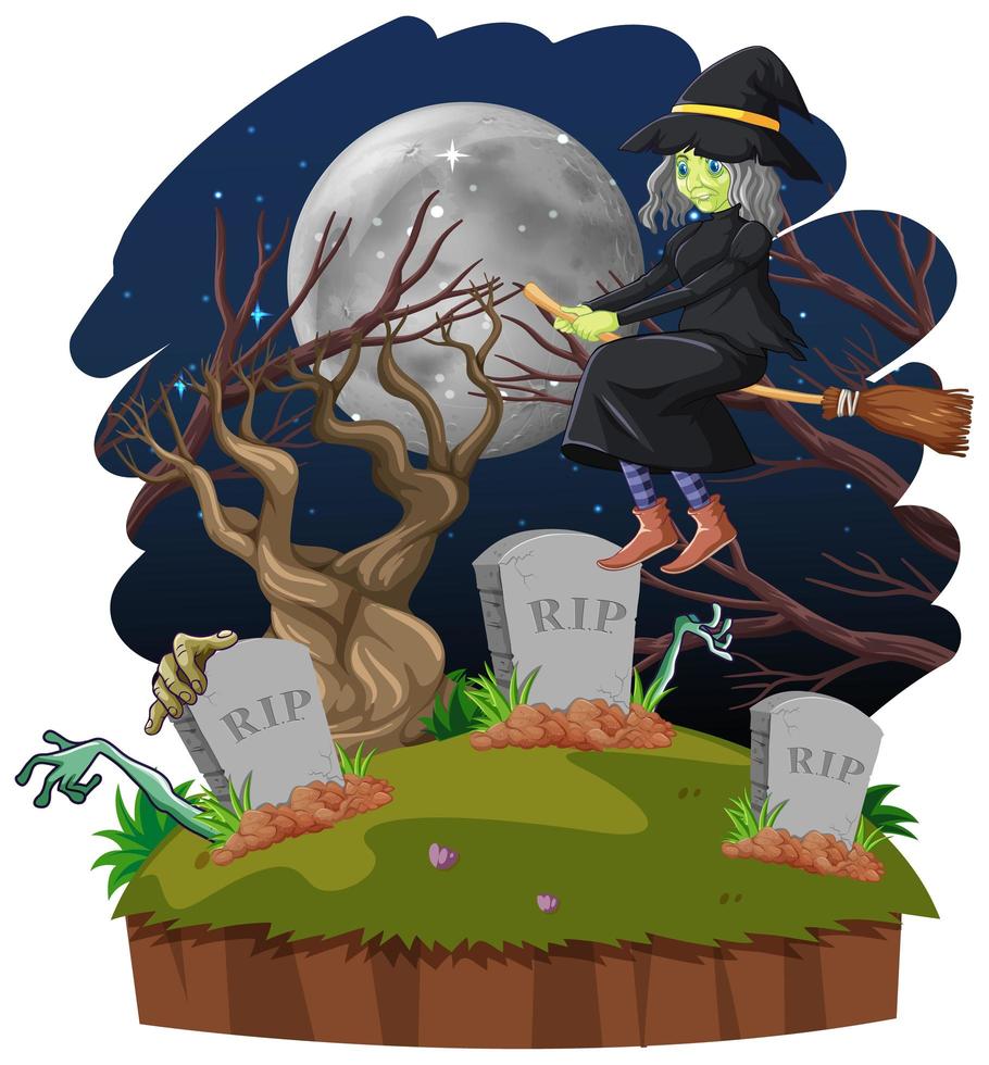 Witch riding broomstick near cemetery vector