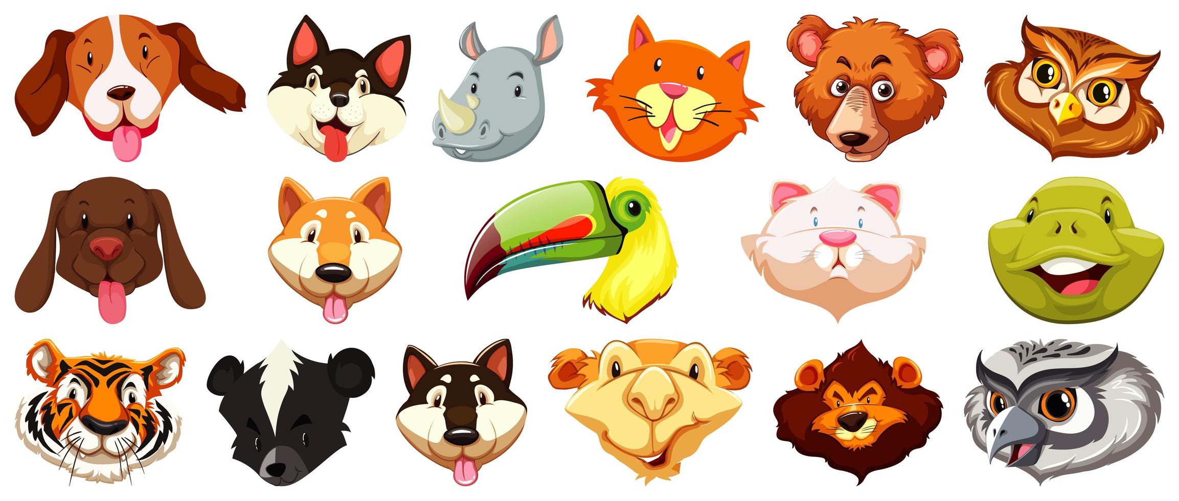 conjunto de diferentes cabezas de animales de dibujos animados lindo vector