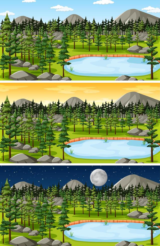 conjunto de escena de paisaje de bosque y montaña vector