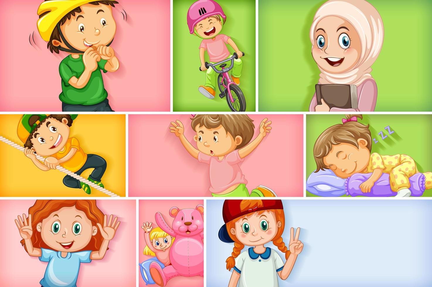 Conjunto de diferentes personajes infantiles sobre fondo de color diferente vector