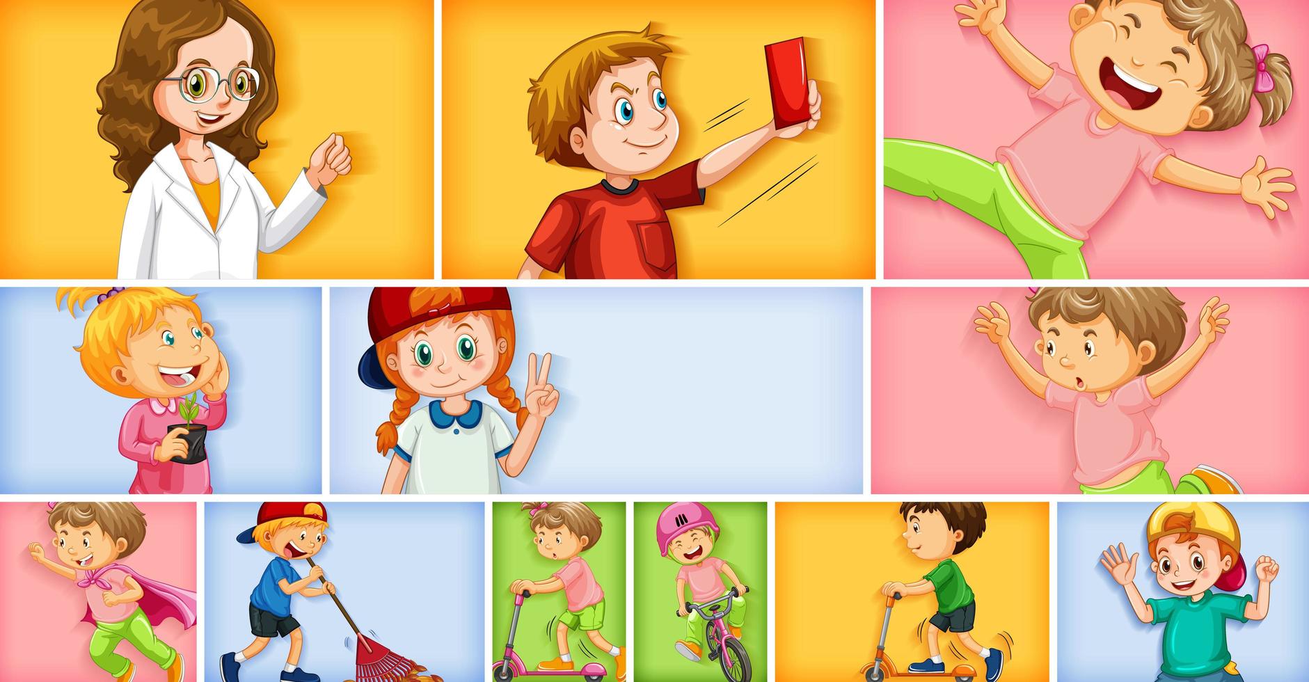 Conjunto de diferentes personajes infantiles sobre fondo de color diferente vector