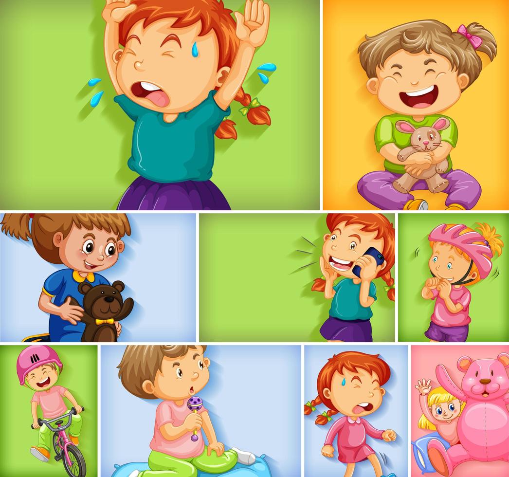 Conjunto de diferentes personajes infantiles sobre fondo de color diferente vector