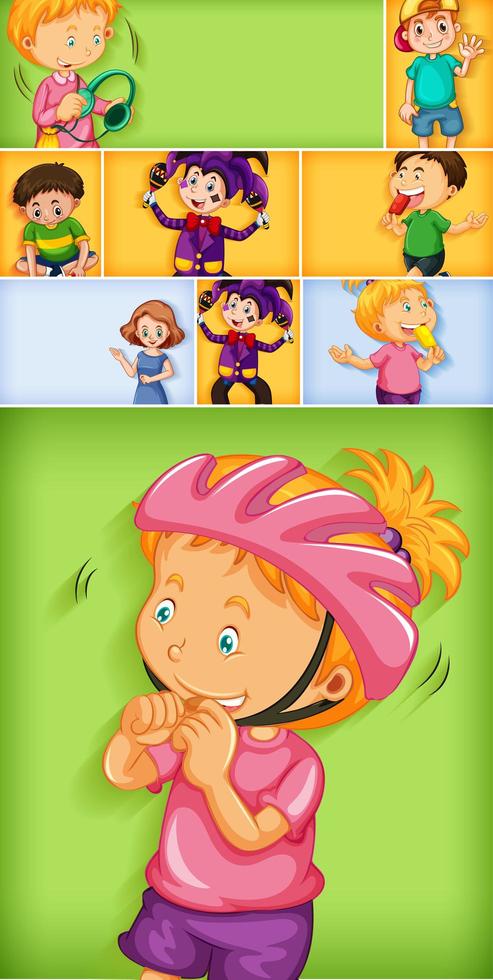 Set of different kid characters on different color background vector