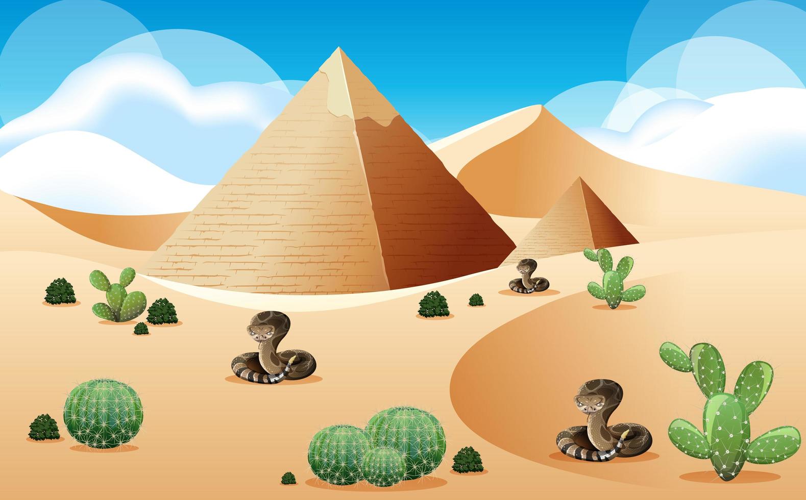 Desert with pyramid and rattlesnakes landscape at day time scene vector