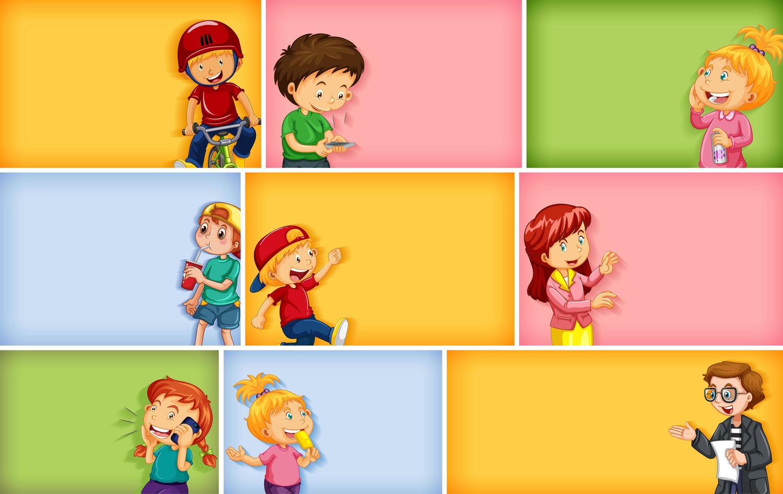 Conjunto de diferentes personajes infantiles sobre fondo de color diferente vector