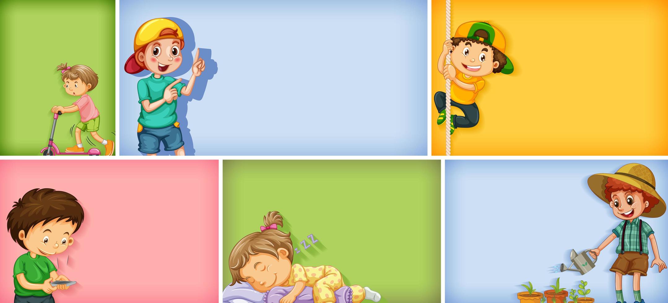 Set of different kid characters on different color background vector