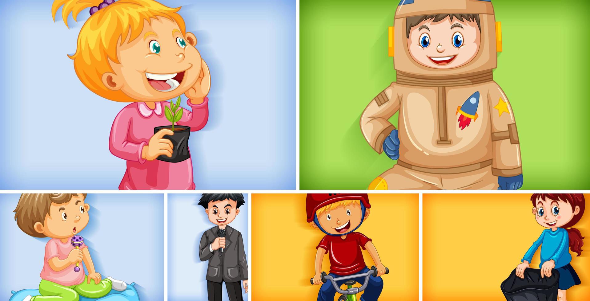 Set of different kid characters on different color background vector