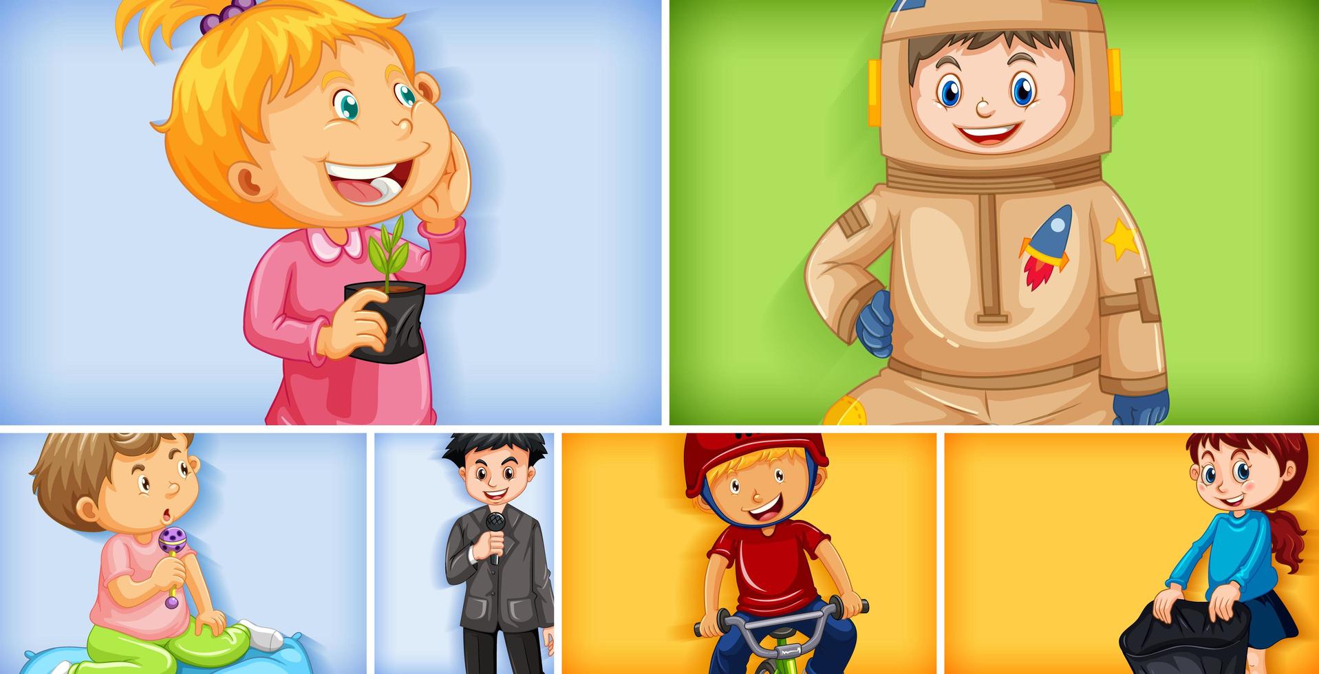 Conjunto de diferentes personajes infantiles sobre fondo de color diferente vector