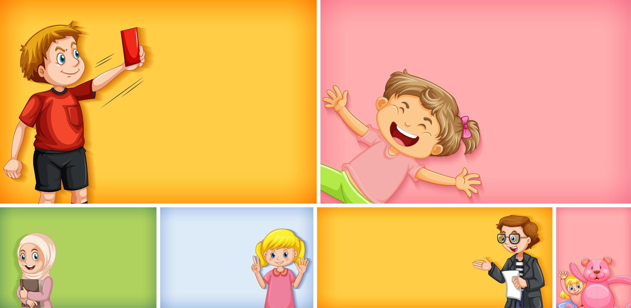 Set of different kid characters on different color background vector