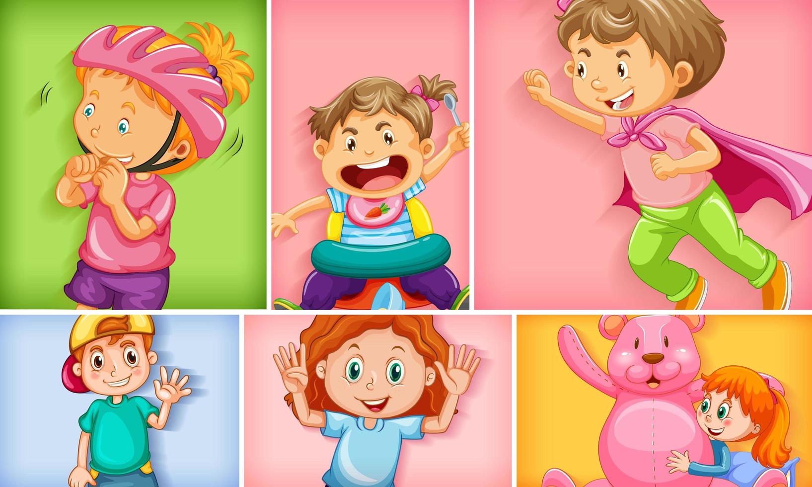 Conjunto de diferentes personajes infantiles sobre fondo de color diferente vector