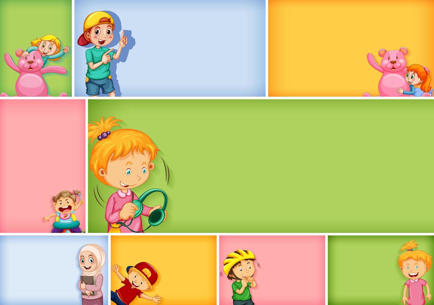 Conjunto de diferentes personajes infantiles sobre fondo de color diferente vector