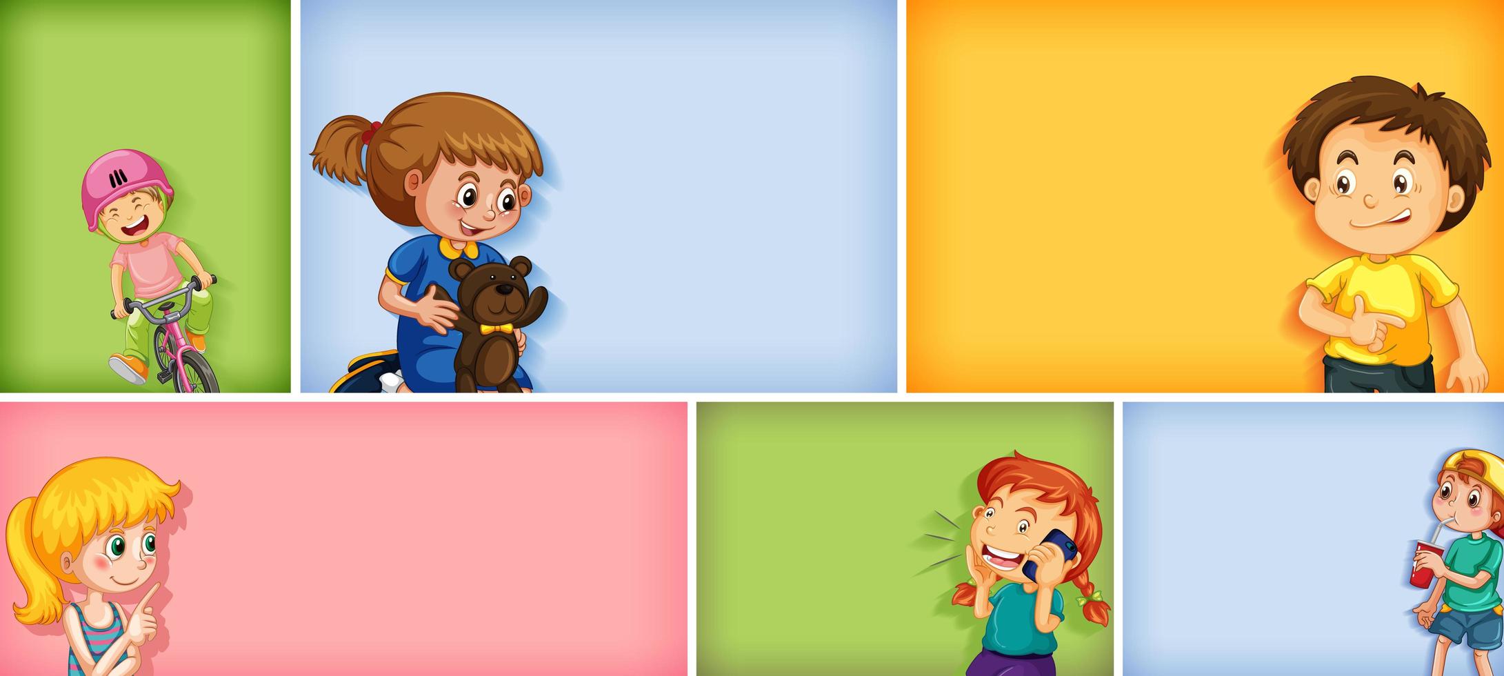 Conjunto de diferentes personajes infantiles sobre fondo de color diferente vector