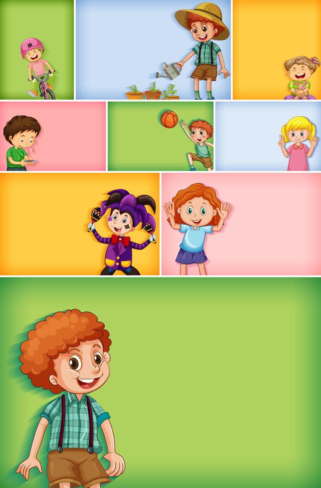 Set of different kid characters on different color background vector