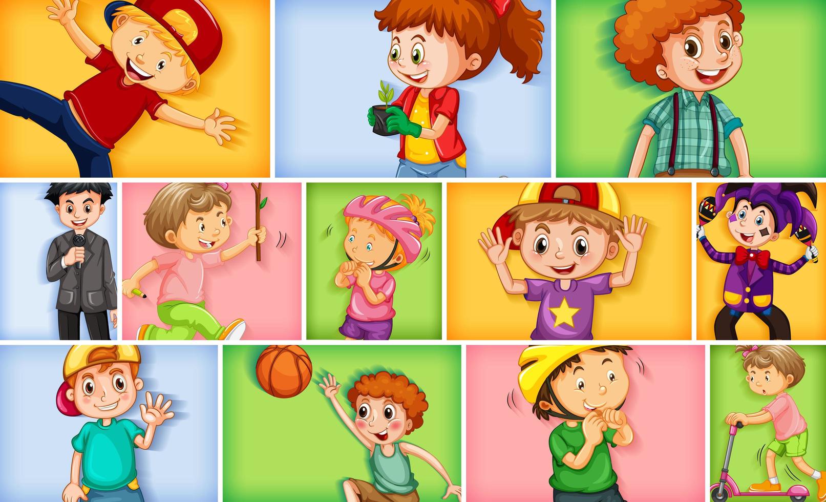 Conjunto de diferentes personajes infantiles sobre fondo de color diferente vector