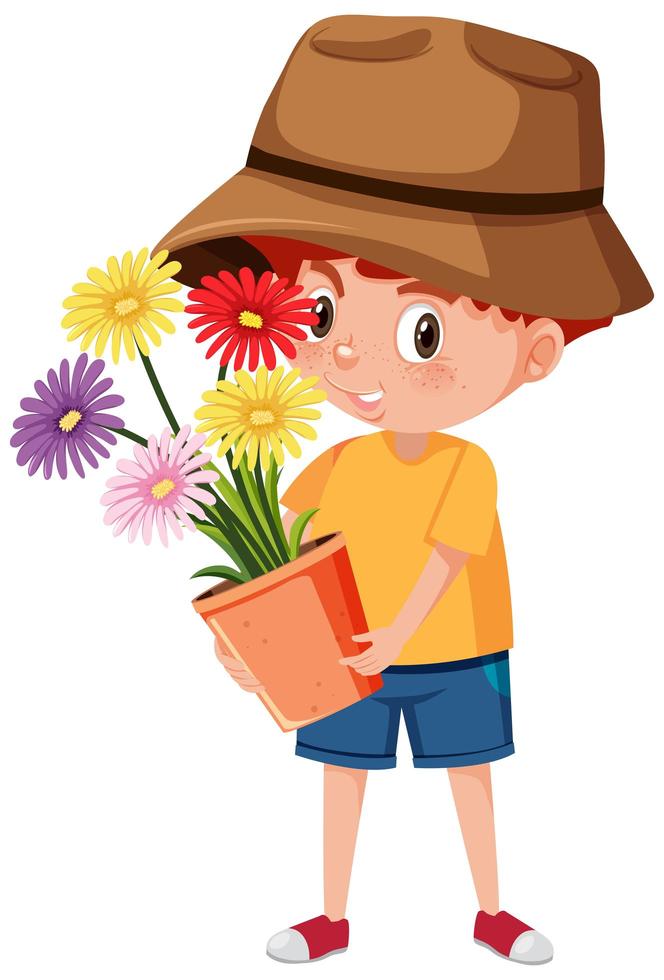 Niño sosteniendo flor en maceta personaje de dibujos animados aislado sobre fondo blanco. vector